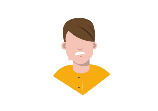 An illustration of the head and shoulders of a frowning person with a lump on their jaw. Their hair is short and brown and they're wearing a yellow shirt.