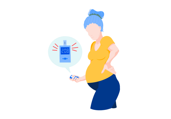 An illustration of a heavily pregnant woman from the side. She has her left hand on her lower back, and her right, around waist level, holds a glucometer (blood sugar monitor). A light green speech bubble pops out of the angled glucometer to show a close-up of the blue device. The number reads "208," and two sets of red lines come from the screen, emphasizing the danger. The woman has her light blue hair in a bun with a green hair tie and she is wearing a yellow short-sleeved t shirt and dark blue maternity pants.