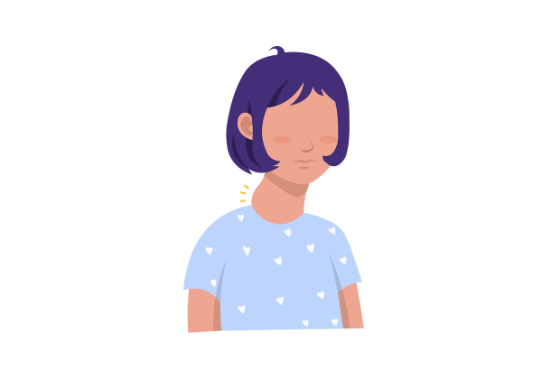 An illustration of a woman with a swollen neck. Three short yellow lines emanate from the point of swelling. The woman is wearing a light blue t-shirt with white hearts and her hair is dark purple.