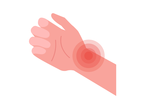 An illustration of a hand and wrist. Red concentric circles emanate from the wrist.