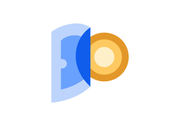 An illustration of a blue ear with a yellow spot comprised of three concentric circles behind it.