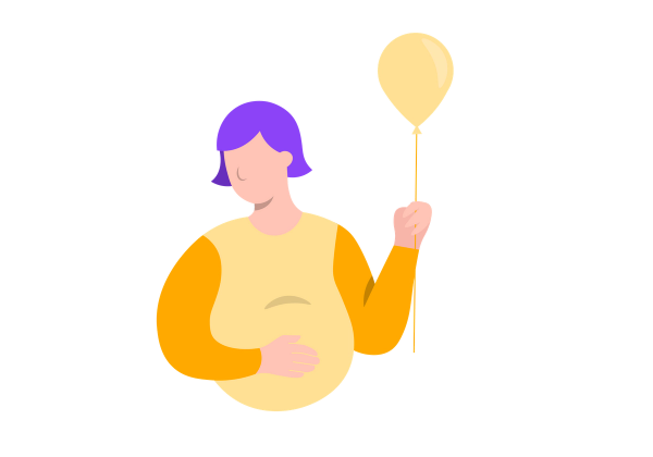 A women with a swollen abdomen, holding a balloon