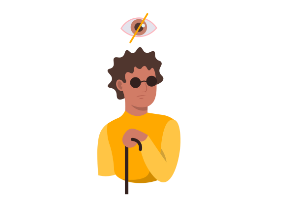 An illustration of a man from the torso up. He is wearing round, black glasses and holding a black cane. His shirt is a long-sleeved yellow shirt. An eye floats above his head with a yellow slash across it.