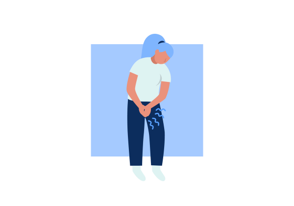 An illustration of a woman bending over holding her crotch with both hands. Her t shirt is light green and her pants are dark blue. Four blue squiggles emanate from her crotch. She has blue hair and the background is a medium blue rectangle.