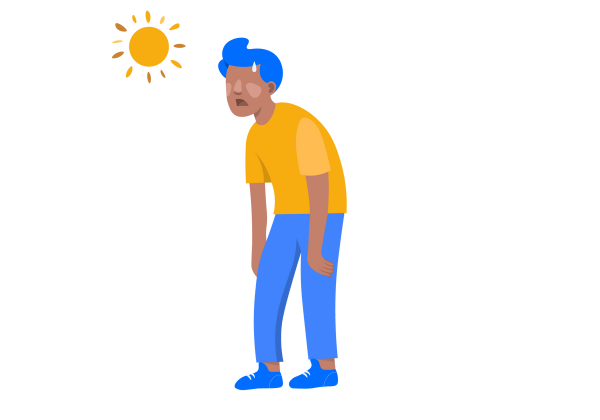 An illustration of a man slouched over with his arms hanging limp by his sides and his mouth wide open. A yellow sun is in the top left corner. The man has medium-dark peach-toned skin and has lighter patches on his cheeks and nose, as well as a light blue sweat drop on his forehead. He has short, medium blue hair, and is wearing a yellow short-sleeved t-shirt and blue jeans with blue sneakers.