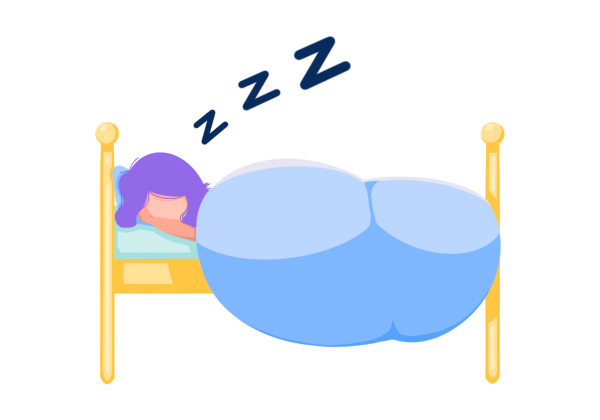 An illustration of a woman curled up in bed. Three big "z"s emanate from her head. She has purple hair and her blanket is blue. The bedframe is a light wood.