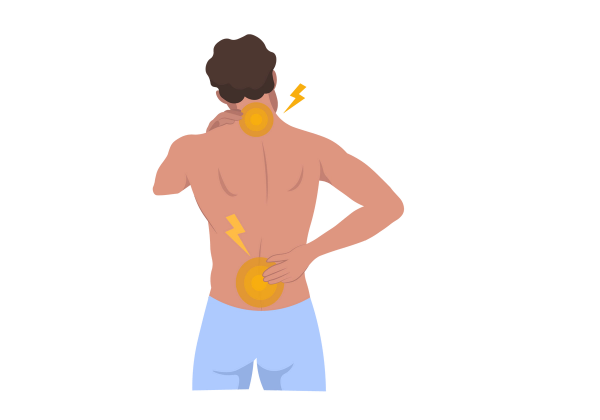 An illustration of a man from the back, with his right hand on his lower back and his left on his left shoulder. Two yellow spots are on the lower back and upper back. Yellow lightning bolts come out of the spots. The man is not wearing a shirt, and is wearing light blue underwear. His hair is dark brown and curly.