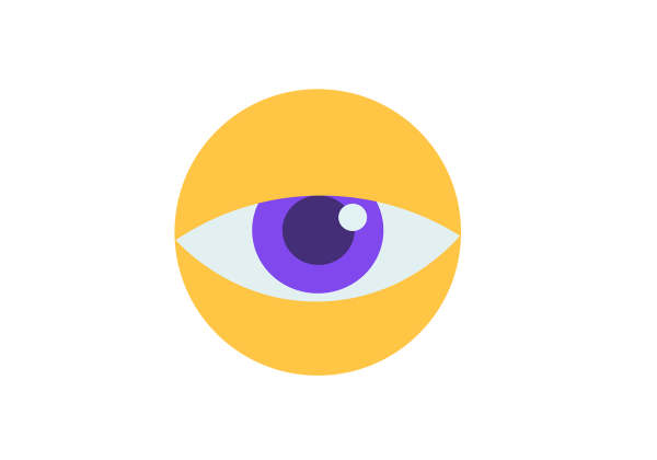 An illustration of an eye with a yellow circle around it, as eyelids. The iris is purple and the pupil is dark purple.