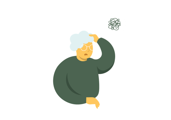 An older woman in glasses having trouble remembering something.