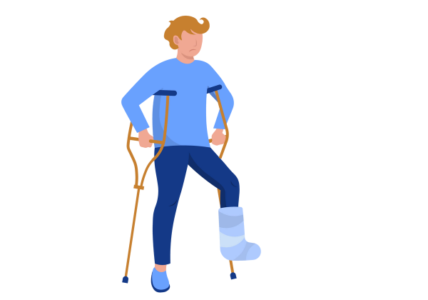 An illustration of a man mid-step with his left lower leg in a large light blue cast raised and crutches under his arms. He is frowning and is wearing a medium blue long-sleeved shirt, dark blue jeans, and a medium blue shoe on his foot without the cast. His skin is light peach-toned and his hair is dark blond.