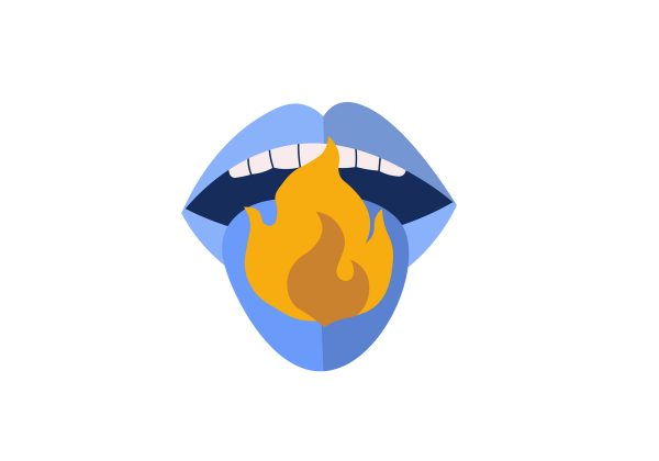 An illustration of an open mouth with blue lips and teeth visible. A blue tongue sticks out and an orange flame represents burning.