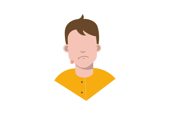 An illustration of a frowning boy facing forward from the upper chest upwards. There is a large pink blister on his light peach-toned skin. He has dark brown, short hair and is wearing a yellow shirt.