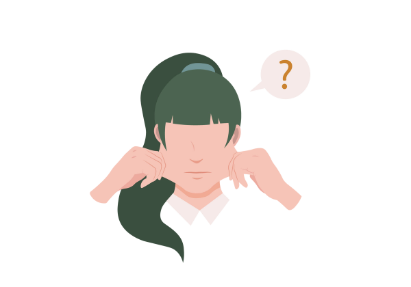 An illustration of a woman pulling at her cheeks. There's a speech bubble with a question mark inside of it. She has green hair up in a ponytail with bangs.