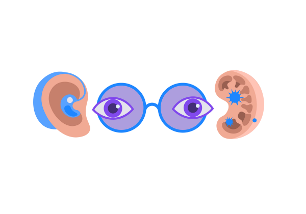 Two purple eyes with blue rimmed round sunglasses. An ear with a blue hearing aid is to the left, and a kidney with blue bacteria is to the right.