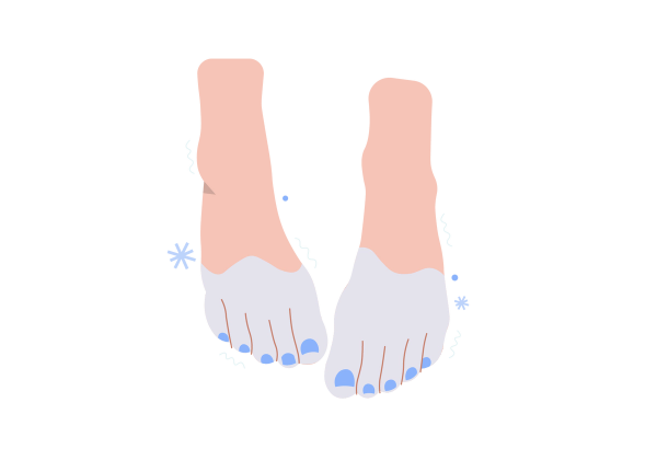 Two feet with light blue covering the toes and moving up the feet. The toenails are medium blue and blue snowflakes surround the feet.