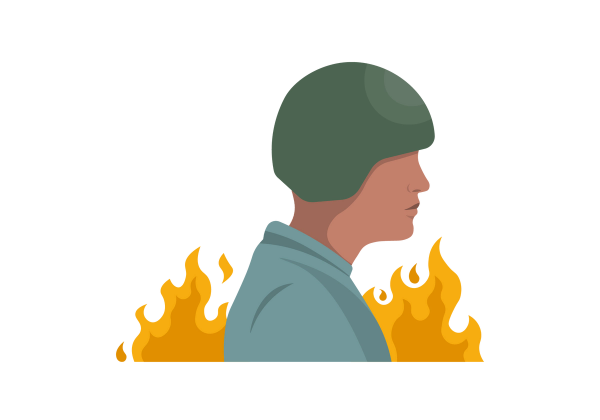 An illustration of the side profile of a person. Flames come up from behind them. Their hair and shirt are green.