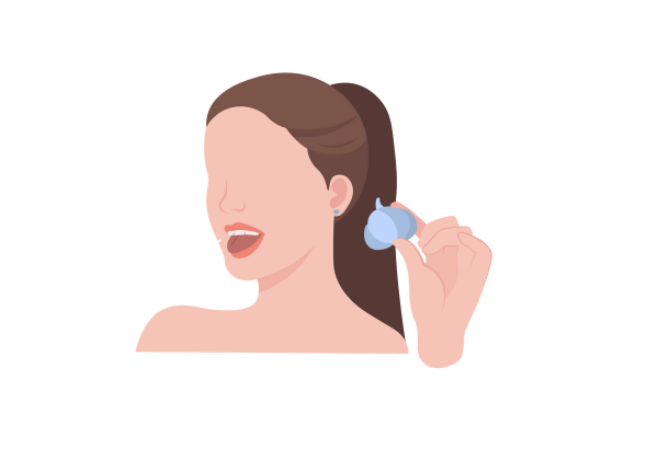 An illustration of a woman with her mouth open and her tongue sticking out. Three white squiggly lines come out of her mouth to show smell. She is holding a garlic bulb in her hand. Her hair is dark brown and tied up in a high ponytail.