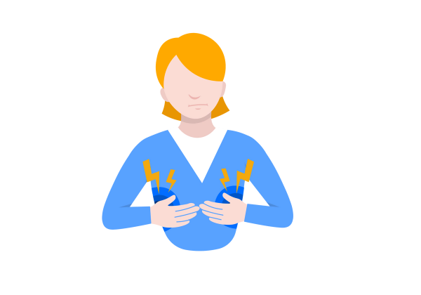 A frowning woman in a blue shirt with her hands on her chest. Blue circles and yellow lightning bolts radiate outwards from her hands.