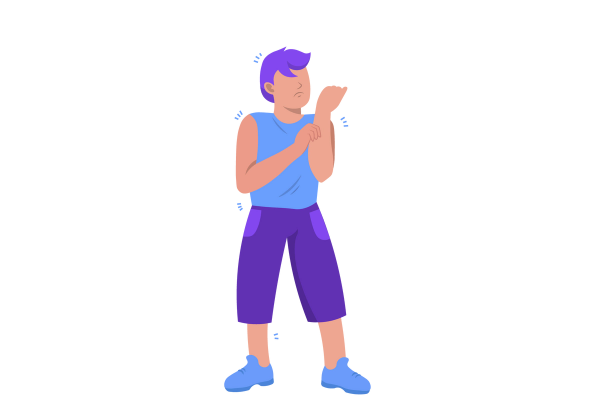 An illustration of a person standing and scratching their left arm with their right arm. Their body is facing forward while their frowning face looks up slightly to their left. Sets of blue lines are around their body, showing itchiness and tingling. Their skin is light-medium peach-toned and they have short messy purple hair. They are wearing a medium blue sleeveless shirt tucked into purple capris, and blue shoes.