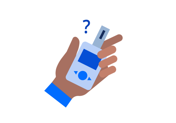 A hand holding a blue diabetes blood sugar test kit with a question mark next to it.