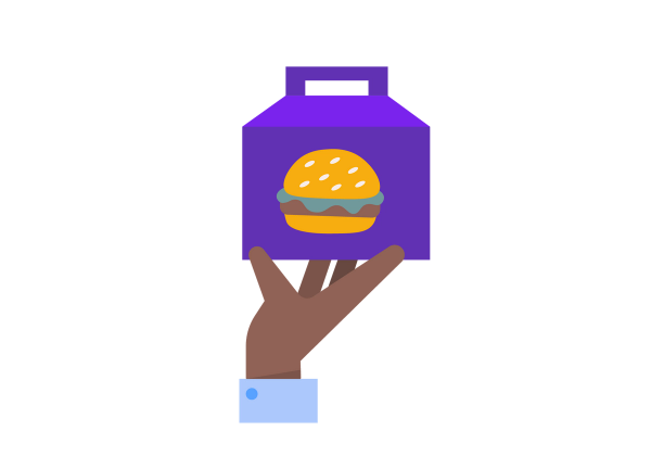 A hand holding a box with a picture of a burger on it.