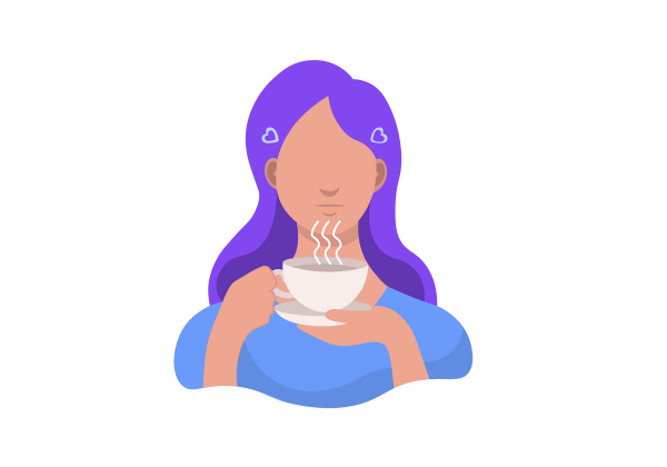 A woman holding a cup of steaming tea. There are two light blue heart-shaped barrettes in her purple hair.