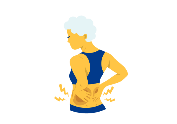 Woman wearing a blue sports bra with her back turned and her hands on her lower back. Two darker yellow circles radiate from her back where her hands are and lightning bolts surround them.