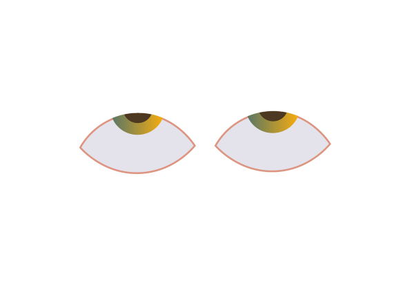 An illustration of a set of eyes. Only the bottoms of the hazel irises and black pupils are visible, as they are rolled back. The rest of each eye is a grey-white with pink football-shaped outlines.