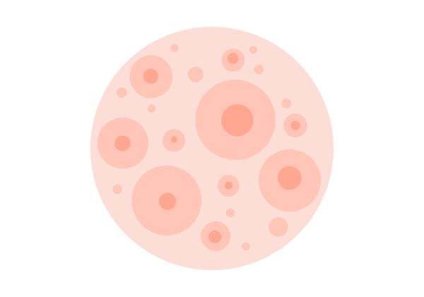 An abstract illustration representing a circular patch of Molluscum Contagiosum. The circle is light peach with slightly darker circles representing the molluscum. Most of them have smaller indents in the center, a shade darker than the circles.