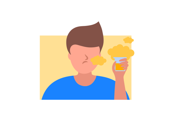 An illustration of a person frowning while holding a sample cup with yellow liquid. Yellow odor clouds emanate from the cup. The person is wearing a blue t shirt and the background is a yellow rectangle.