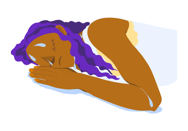 An illustration of a woman with caramel skin and dark purple hair asleep on her side with her hand under her chin. Large beads of light blue sweat drip from her forehead, nose, inner elbow, neck, and armpit, staining her white nightshirt yellow around the armpit and leaving a light blue pool of sweat around her. Small darker squiggles show the heat on her cheeks. The illustration is from her upper torso upwards, with her lying on her right side and her left arm bent and visible in front of her.