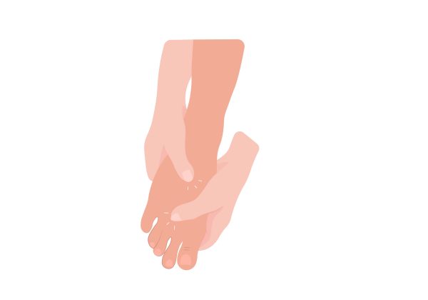 An illustration of a top-down view of a light peach-toned foot with two hands holding onto the foot. Three light lines come from two places where the thumbs are touching the foot.