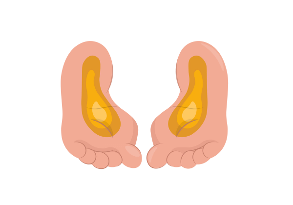 Una ilustración de las plantas de dos pies de color melocotón claro mirando hacia abajo. Los centros de las suelas tienen manchas amarillas y los dedos de los pies están curvados hacia adentro.