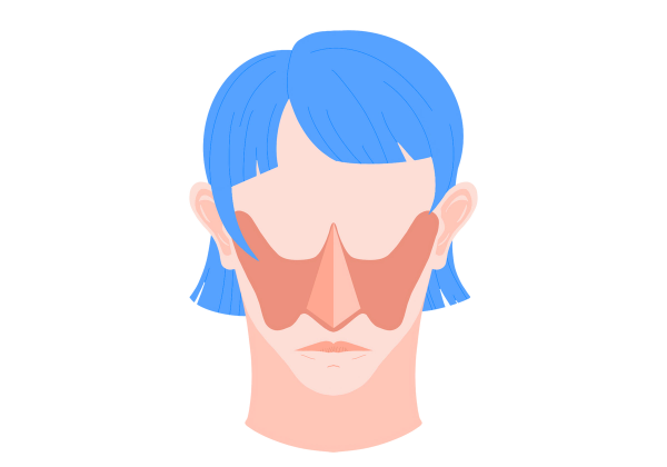 An illustration of a woman's head. She has a large butterfly-shaped splotch across her cheeks and nose. Her nose and ears protrude noticeably, and her lips are red and pursed. She has short blue hair with bangs.