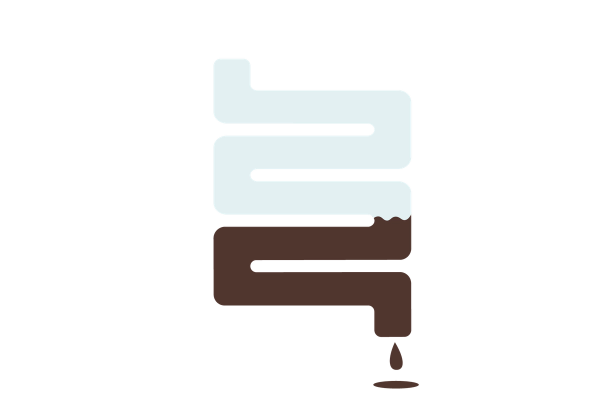 An illustration of a light green bowel filled a third of the way with brown stool. A drop of brown stool comes out the bottom.