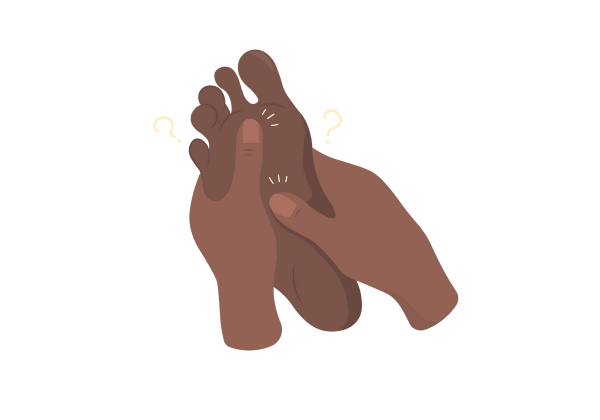 An illustration of two hands holding a foot with the sole of the foot visible. There are three light yellow lines coming from the two places on the foot the thumbs are touching. Two light yellow question marks are on either side of the foot. The skin tone is dark brown.