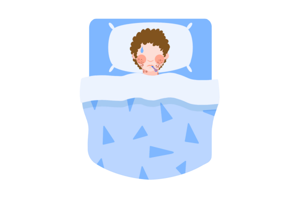 An illustration of a boy lying in bed with the blankets tucked up under his chin. He has pale peach skin with pink circles on his cheeks and a blue sweat drop on his forehead showing overheating. A thermometer also sticks out of his mouth. A rash spreads across his cheeks and onto his neck. He has curly, short, brown hair. The pillow is light blue, the blanket a darker blue with medium blue triangles, and the bedsheet a true medium blue.