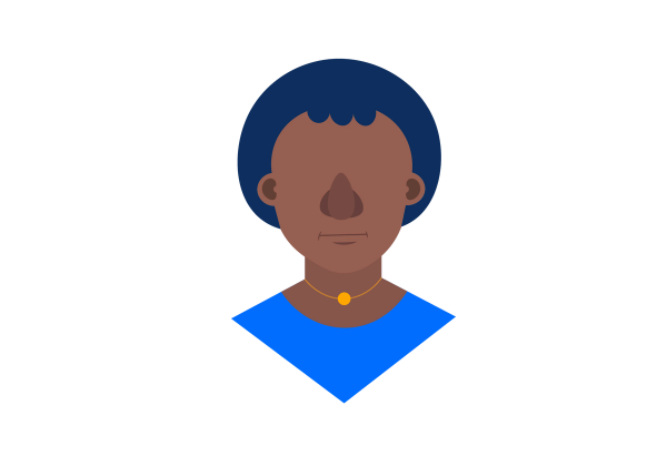 An illustration of a bust of a woman with a large, swollen nose. She is wearing a gold necklace and a blue shirt. Her hair is short and dark blue.