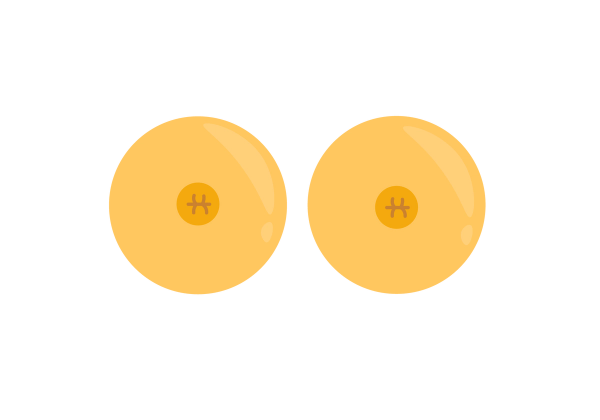 Two yellow circular breasts with darker yellow nipples. The nipples have three lines in the center.