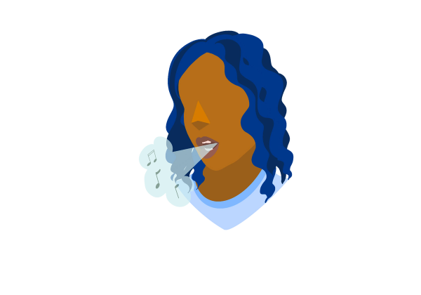 An illustration of a woman from the neck up with her head turned slightly to the side. She is coughing out a light green cloud with dark green music notes inside of it to show sound. She has blue curly hair and medium brown skin. She is wearing a light blue t-shirt.