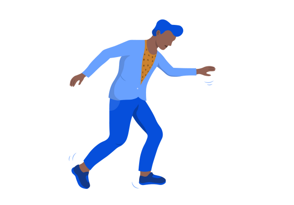 An illustration of a man walking with his arms splayed out to the sides and large, uneven steps. He is looking down at his legs. Blue lines show movement around his feet and arms. He has brown skin and short blue hair. He is wearing jeans, a light blue sports coat with a yellow spotted t-shirt underneath, and blue sneakers.