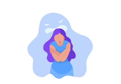 An illustration of a woman with long purple hair clutching her arms across her chest. She is frowning. A light blue ghost-like figure looms over her.