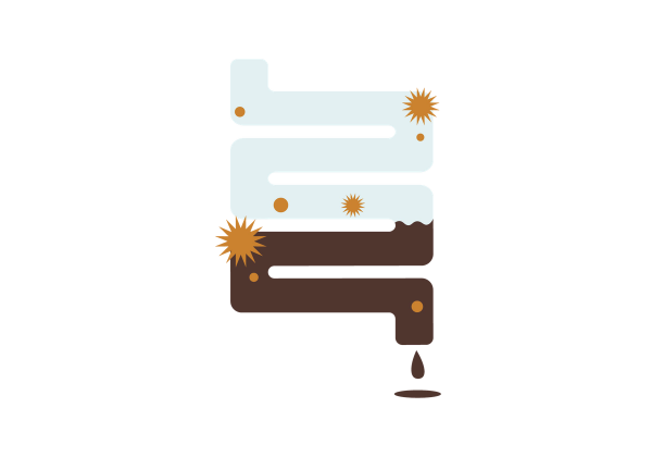 Light blue intestine with brown liquid filling it halfway and dripping out of the lower end. Orange viruses speckle the whole intestine.