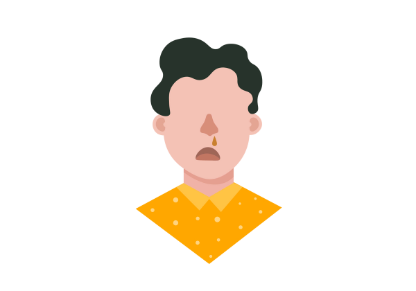 An illustration of a bust of a person frowning with a drop coming from their red nose. They are wearing a yellow collared shirt and have curly, dark brown hair.